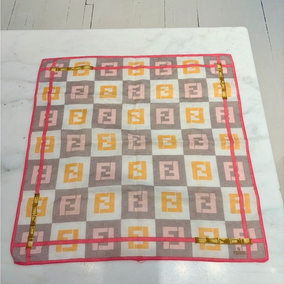 Fendi Accessories - Fendi Pink, Yellow & Gray FF Logo Silk Scarf with Chain Motif